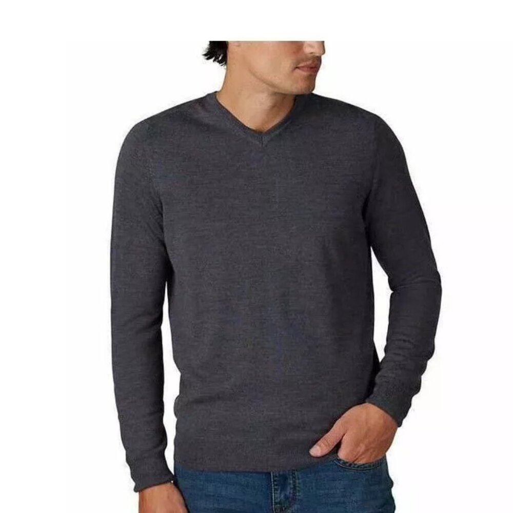 Tahari Men's Italian Merino Wool V Neck Pullover Sweater, MED GREY HEATHER, S